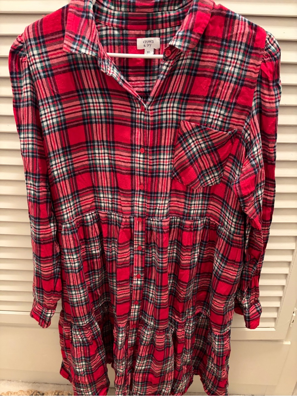 Crown & Ivy Red Flannel Plaid Women's Button-Front Tired Dress XL